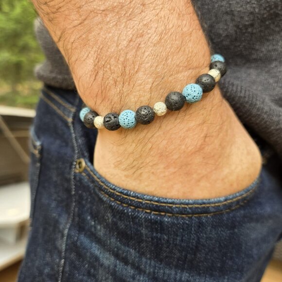 Black and Blue 8mm Lava Stone Bracelet with 6mm Silver Star Burst Spacer Beads - Picture 1 of 7